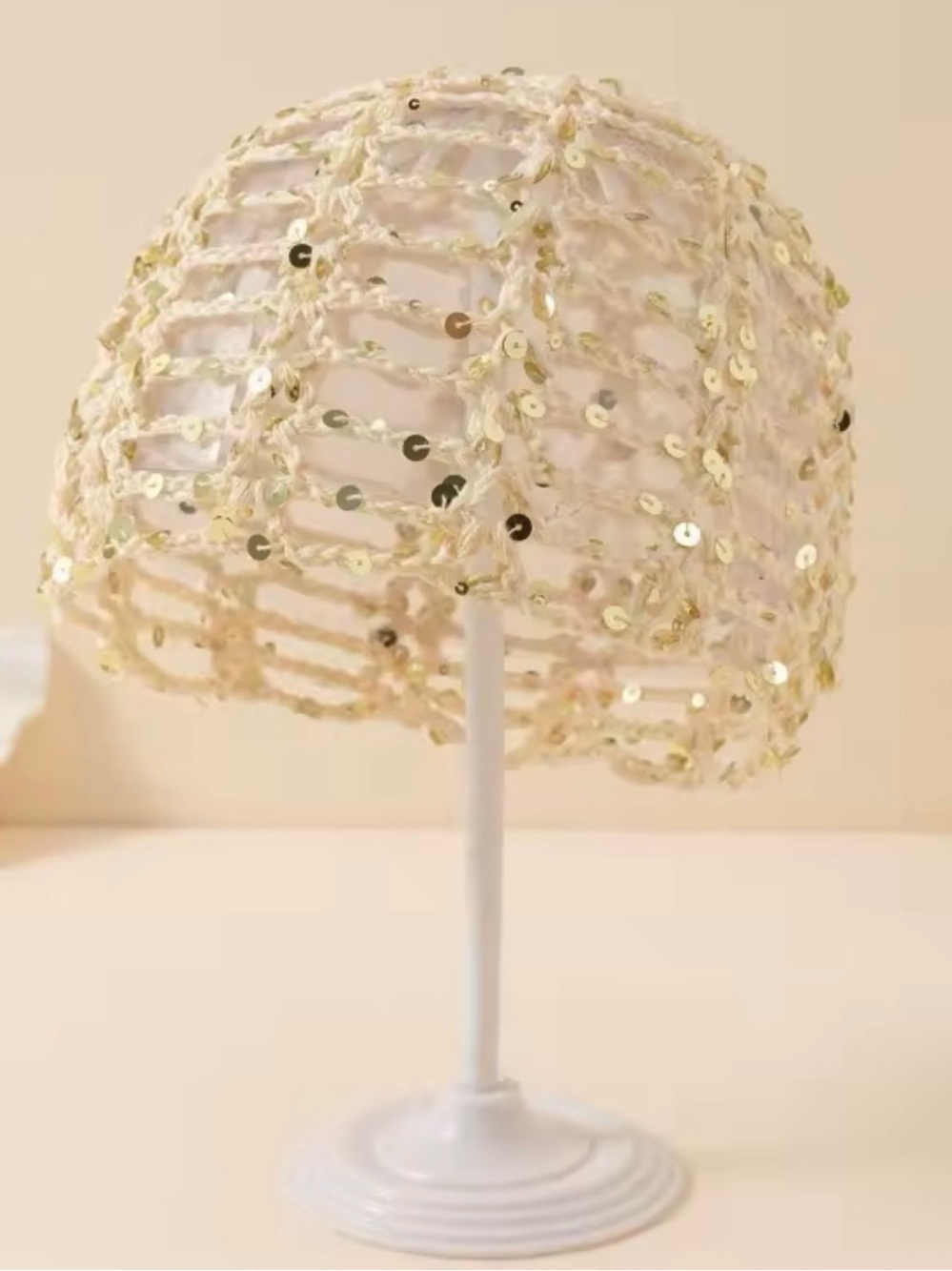 Sequin Crochet Beanie Hat - Beige